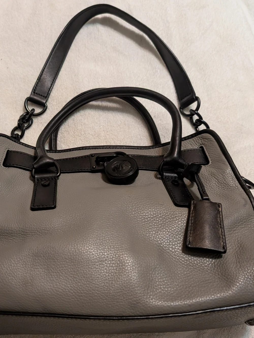 Michael Kors Gray and Black Leather Satchel with MK Medallion